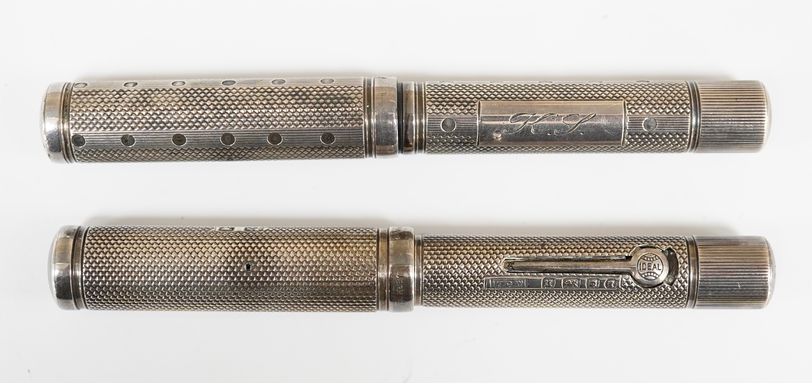 Two Waterman Sterling silver fountain pens, fully hallmarked with FDW maker's mark lever filled pens